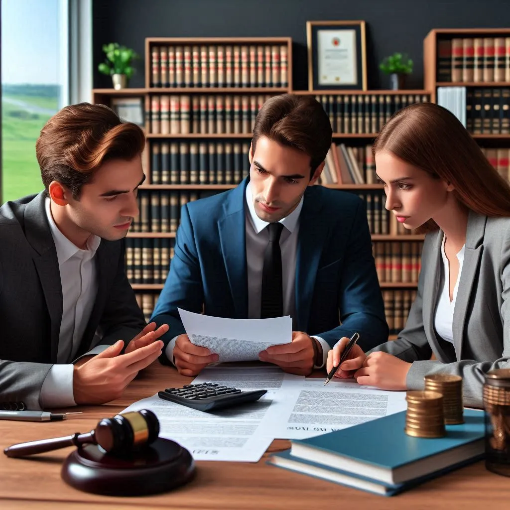 Um grupo de advogados reunidos em uma sala de conferências, discutindo casos jurídicos e estratégias legais
