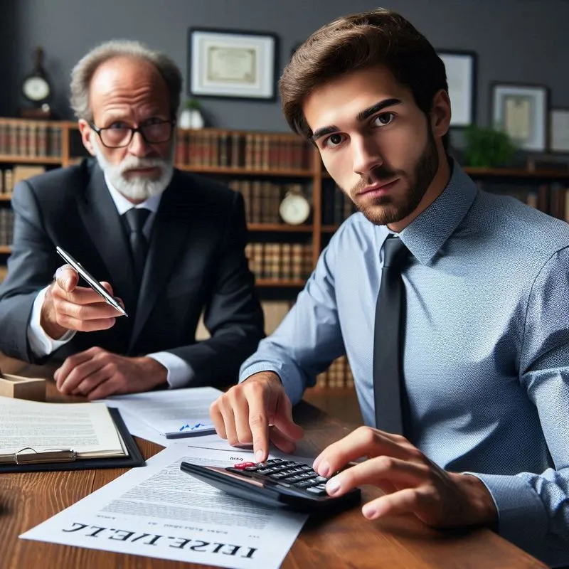 Uma pessoa preocupada está sentada à mesa de um escritório, analisando um contrato financeiro com uma calculadora e documentos espalhados. Um advogado ao lado aponta para gráficos de taxas de juros, explicando detalhes. O ambiente é profissional e acolhedor, com estantes de livros jurídicos e certificados na parede